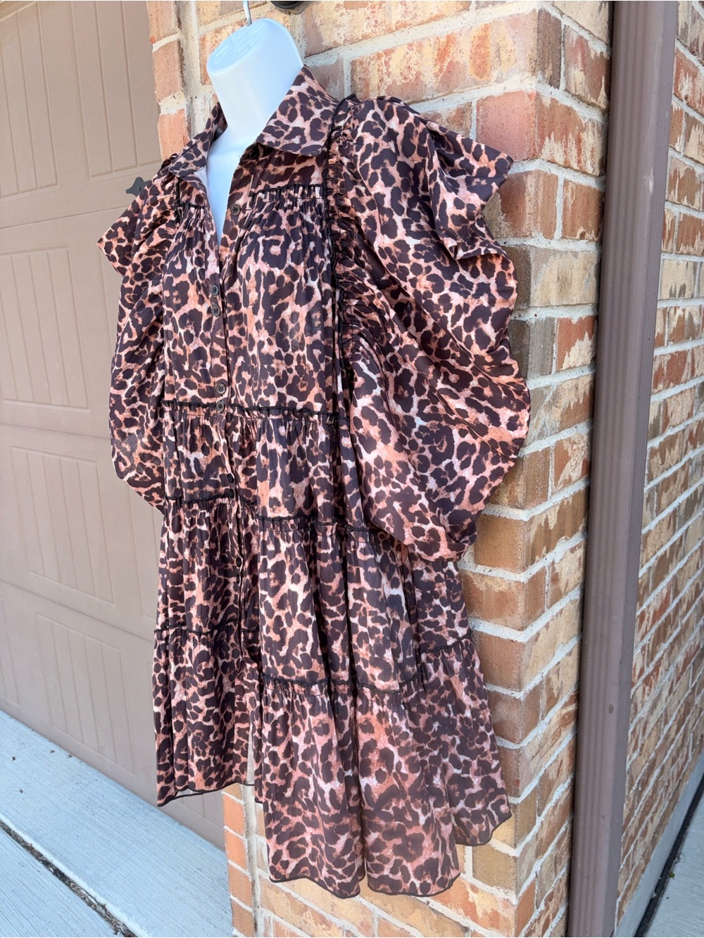 Leopard Print Tiered Mini Dress Puff Sleeve Button Front Babydoll Dress Large - Picture 3 of 8
